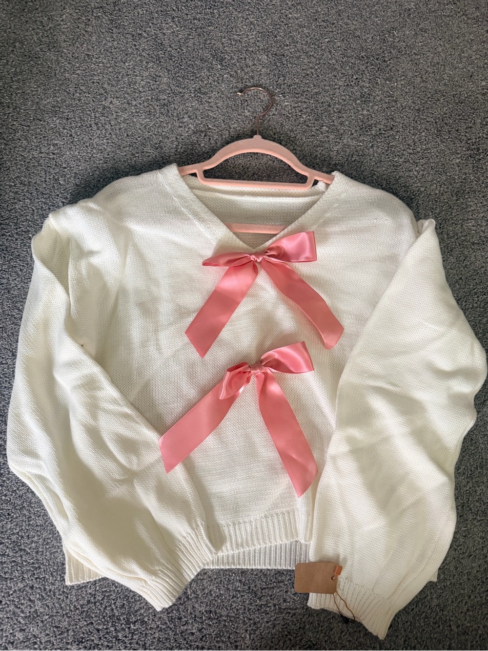 Women's Cream Knit Sweater with Pink Ribbon Bows